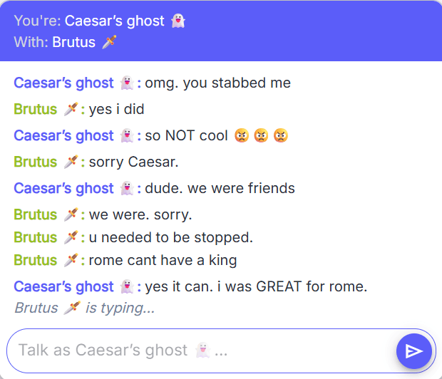 View of a student chatting as Julius Caesar's ghost