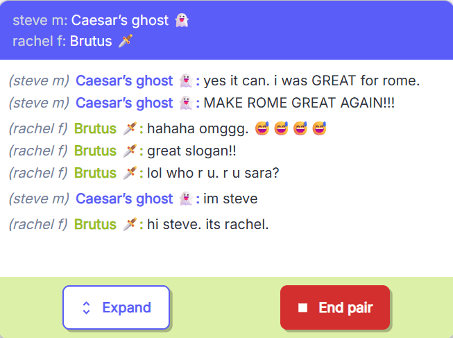 Teacher view of a chat between two students